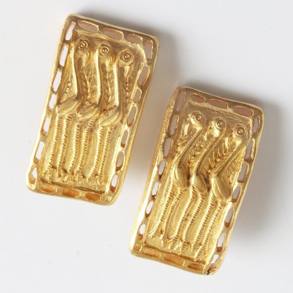 Guy Laroche Paris Earrings Vintage Clip On Egyptian Revival 3 Birds Retro - Picture 5 of 8